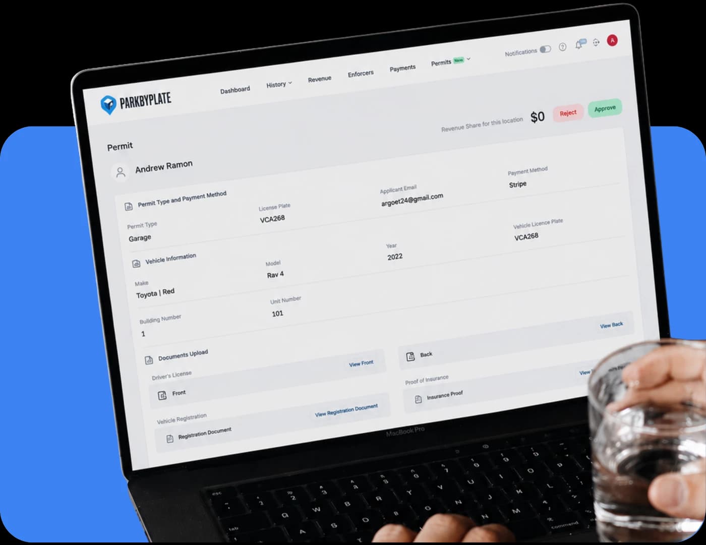 A permit request open on a laptop: the applicant, their vehicle, unit and plate, the uploaded licence, insurance and registration documents, and Approve and Reject actions.